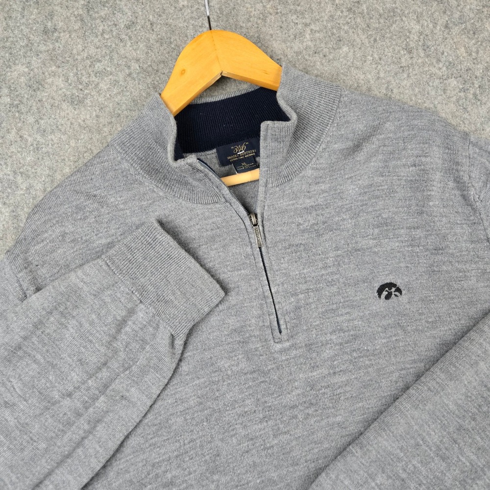 Brooks Brothers 1/4 Zip Sweater Mens XL Gray 100% Merino Wool Iowa Hawkeyes